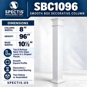 SBC1096 Smooth Box Decorative Column – 8″ square shaft × 96″ H