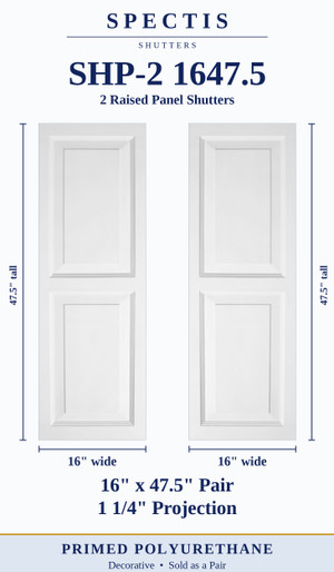 SHP-2 1647.5 pair of two raised panel polyurethane shutters, 16 in wide by 47.5 in tall