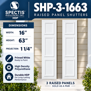 SHP-3 1663 3 Raised Panel Polyurethane Shutters - 16 x 63 (Pair)