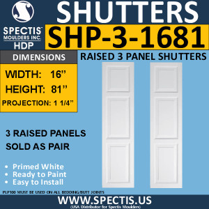 SHP-3 1681 Polyurethane Exterior Shutters - 3 Raised Panels 16 x 81