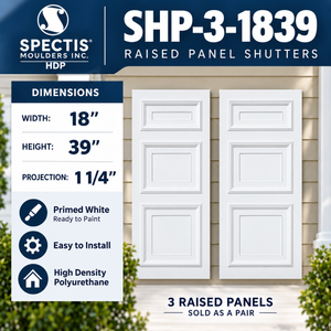 SHP-3 1839 3 Raised Panel Polyurethane Shutters - 18 x 39 (Pair)