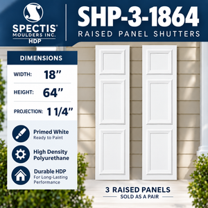 SHP-3 1864 3 Raised Panel Polyurethane Shutters - 18 x 64 (Pair)