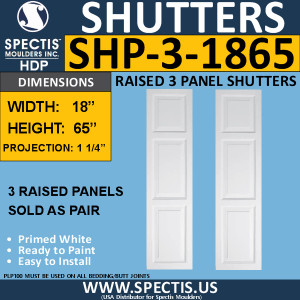 SHP-3 1865 Polyurethane Exterior Shutters - 3 Raised Panels 18 x 65