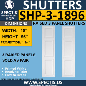 SHP-3 1896 Polyurethane Exterior Shutters - 3 Raised Panels 18 x 96
