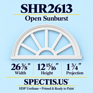 SHR2613 Sunburst — 26 3/8 inch width x 12 15/16 inch height x 1 3/4 inch projection — primed HDP urethane