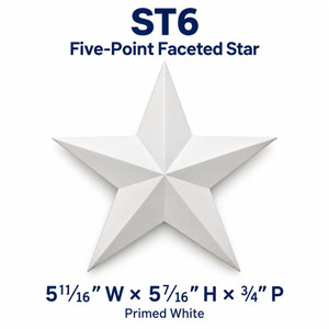 ST6 Five-Point Faceted Star; 5¹¹⁄₁₆″ W × 5⁷⁄₁₆″ H × ¾″ P; Primed White