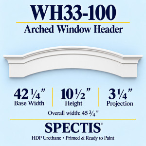 WH33-100 Arched Window Header, primed HDP urethane, 42 1/4 inch base width x 10 1/2 inch height x 3 1/4 inch projection