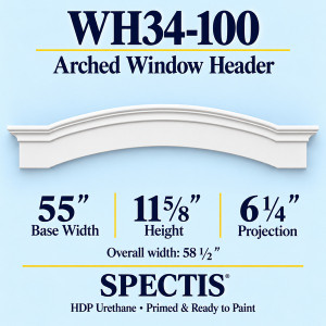 WH34-100 Arched Window Header, primed HDP urethane, 55 inch base width x 11 5/8 inch height x 6 1/4 inch projection