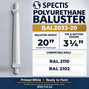 BAL2033-20 Spectis Polyurethane Baluster — 20″ H × 3 1/4″ Square; compatible rails: RAL 2110, RAL 2102