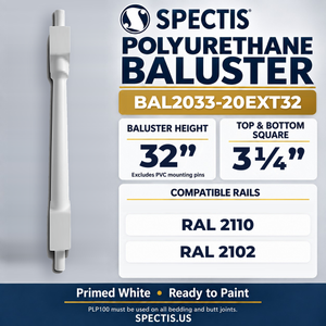 BAL2033-20EXT32 Spectis Polyurethane Baluster — 32″ H × 3 1/4″ Square; compatible rails: RAL 2110, RAL 2102