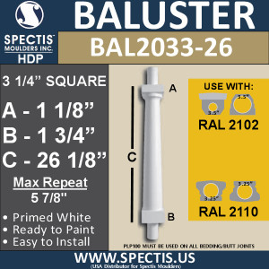 BAL2033-26 Smooth Tapered Baluster 3 1/4" x 26 1/8"
