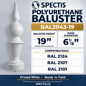 BAL2043-19 Spectis Polyurethane Baluster — 19″ H × 6 1/8″ Round; compatible rails: RAL 2124, RAL 2107, RAL 2101