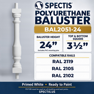 BAL2051-24 Spectis Polyurethane Baluster — 24″ H × 3 1/2″ Square; compatible rails: RAL 2119, RAL 2105, RAL 2102