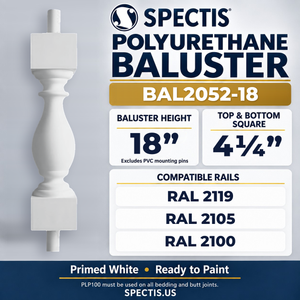 BAL2052-18 Spectis Polyurethane Baluster — 18″ H × 4 1/4″ Square; compatible rails: RAL 2119, RAL 2105, RAL 2100