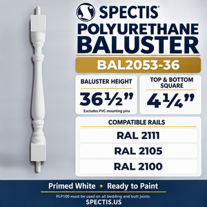 BAL2053-36 Spectis Polyurethane Baluster — 36 1/2″ H × 4 1/4″ Square; compatible rails: RAL 2111, RAL 2105, RAL 2100