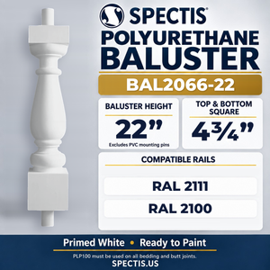 BAL2066-22 Spectis Polyurethane Baluster — 22″ H × 4 3/4″ Square; compatible rails: RAL 2111, RAL 2100