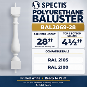 BAL2069-28 Spectis Polyurethane Baluster — 28″ H × 4 1/2″ Square; compatible rails: RAL 2105, RAL 2100