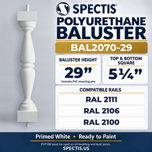 BAL2070-29 Spectis Polyurethane Baluster — 29″ H × 5 1/4″ Square; compatible rails: RAL 2111, RAL 2106, RAL 2100