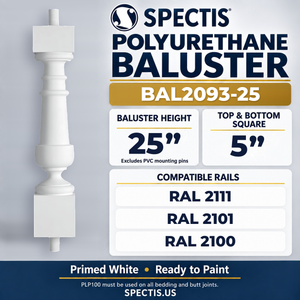 BAL2093-25 Spectis Polyurethane Baluster — 25″ H × 5″ Square; compatible rails: RAL 2111, RAL 2101, RAL 2100