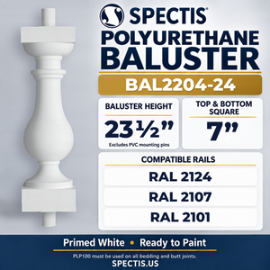 BAL2204-24 Spectis Polyurethane Baluster — 23 1/2″ H × 7″ Square; compatible rails: RAL 2124, RAL 2107, RAL 2101