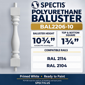 BAL2206-10 Spectis Polyurethane Baluster — 10 3/4″ H × 1 3/4″ Square; compatible rails: RAL 2114, RAL 2104