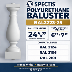 BAL2223-25 Spectis Polyurethane Baluster — 24 1/8″ H, 6″ / 7″ Square Ends; compatible rails: RAL 2124, RAL 2106, RAL 2101