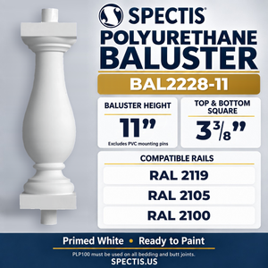 BAL2228-11 Spectis Polyurethane Baluster — 11″ H × 3 3/8″ Square; compatible rails: RAL 2119, RAL 2105, RAL 2100