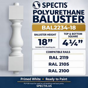 BAL2234-18 Spectis Polyurethane Baluster — 18″ H × 4 1/4″ Square; compatible rails: RAL 2119, RAL 2105, RAL 2100