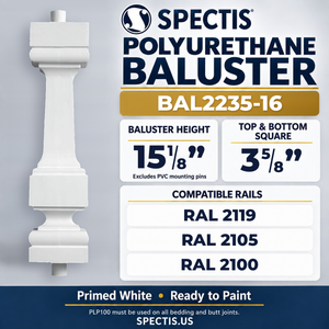 BAL2235-16 Spectis Polyurethane Baluster — 15 1/8″ H × 3 5/8″ Square; compatible rails: RAL 2119, RAL 2105, RAL 2100