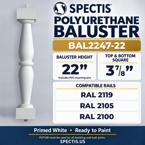 BAL2247-22 Spectis Polyurethane Baluster — 22″ H × 3 7/8″ Square; compatible rails: RAL 2119, RAL 2105, RAL 2100