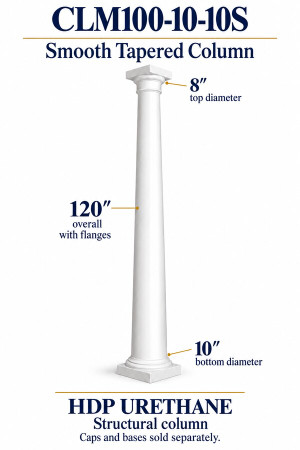 CLM100-10-10S Smooth Tapered Structural Column – 10″ bottom × 8″ top × 120″ overall – HDP urethane