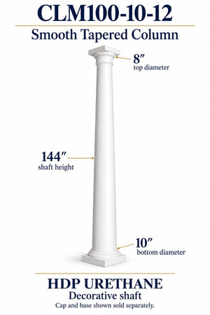 CLM100-10-12 Smooth Tapered Decorative Column – 10″ bottom × 8″ top × 144″ shaft
