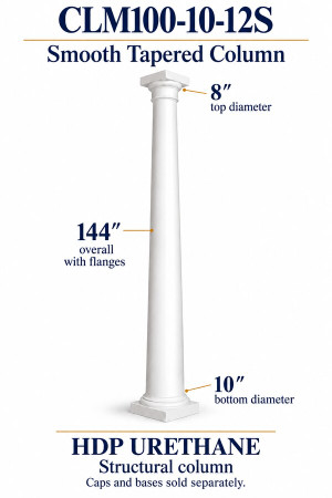 CLM100-10-12S Smooth Tapered Structural Column – 10″ bottom × 8″ top × 144″ overall – HDP urethane