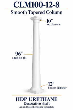 CLM100-12-8 Smooth Tapered Decorative Column – 12″ bottom × 10″ top × 96″ shaft