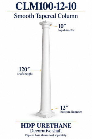 CLM100-12-10 Smooth Tapered Decorative Column – 12″ bottom × 10″ top × 120″ shaft
