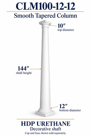 CLM100-12-12 Smooth Tapered Decorative Column – 12″ bottom × 10″ top × 144″ shaft