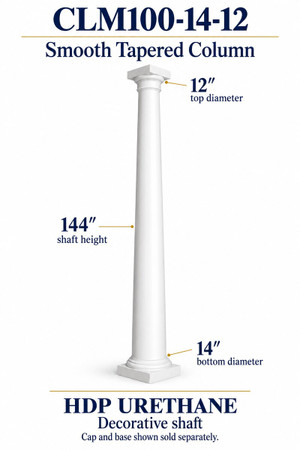 CLM100-14-12 Smooth Tapered Decorative Column – 14″ bottom × 12″ top × 144″ shaft
