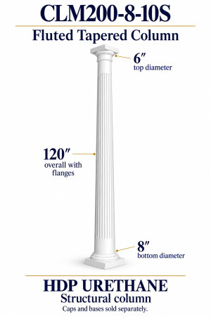 CLM200-8-10S Fluted Tapered Structural Column – 8″ bottom × 6″ top × 120″ overall – HDP urethane