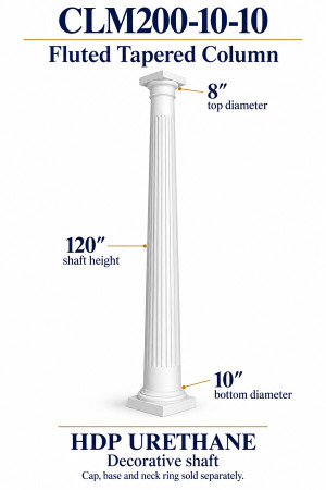 CLM200-10-10 Fluted Tapered Decorative Column – 10″ bottom × 8″ top × 120″ shaft – HDP urethane