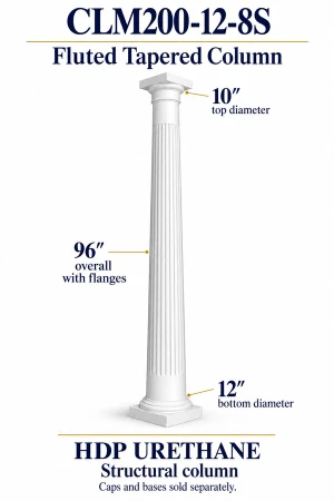 CLM200-12-8S Fluted Tapered Structural Column – 12″ bottom × 10″ top × 96″ overall – HDP urethane