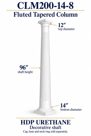 CLM200-14-8 Fluted Tapered Decorative Column – 14″ bottom × 12″ top × 96″ shaft – HDP urethane