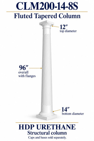 CLM200-14-8S Fluted Tapered Structural Column – 14″ bottom × 12″ top × 96″ overall – HDP urethane