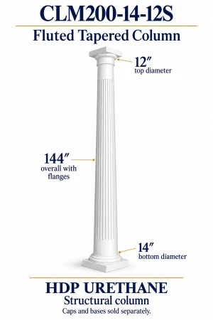 CLM200-14-12S Fluted Tapered Structural Column – 14″ bottom × 12″ top × 144″ overall – HDP urethane