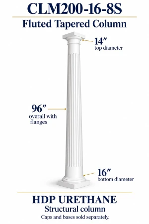 CLM200-16-8S Fluted Tapered Structural Column – 16″ bottom × 14″ top × 96″ overall – HDP urethane