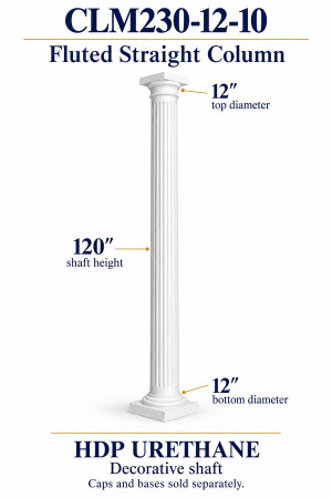 CLM230-12-10 Fluted Straight Decorative Column – 12″ diameter × 120″ shaft – HDP urethane