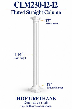 CLM230-12-12 Fluted Straight Decorative Column – 12″ diameter × 144″ shaft – HDP urethane