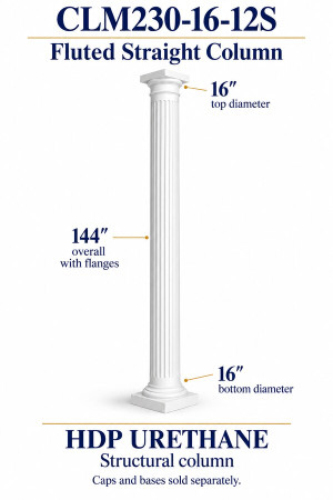 CLM230-16-12S Fluted Straight Structural Column – 16″ diameter × 144″ overall – HDP urethane