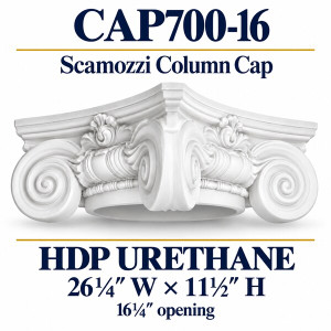 CAP700-16 Scamozzi Column Cap – 26¼″ W × 11½″ H | 16¼″ opening – HDP urethane