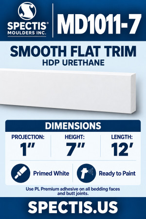MD1011-7 Smooth Flat Trim — HDP Urethane — 1″ P × 7″ H × 12′ L