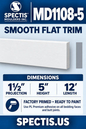MD1108-5 Smooth Flat Trim — 1½″ projection × 5″ height × 12′ length